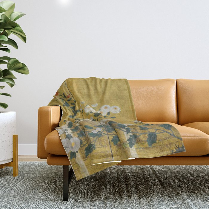 Red and White Chrysanthemums Vintage Japanese Gold Leaf Screen Throw Blanket Gallery Image 1