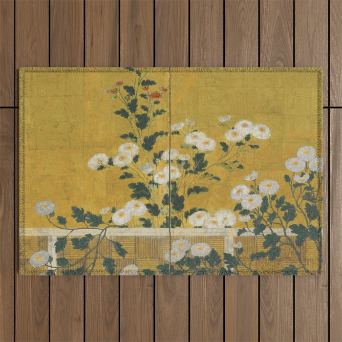 Red and White Chrysanthemums Vintage Japanese Gold Leaf Screen Outdoor Rug Gallery Image 1