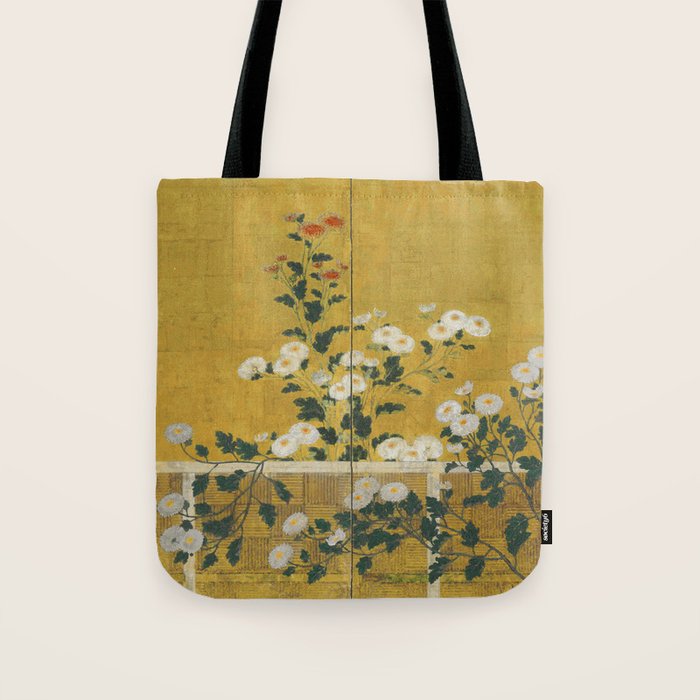 Red and White Chrysanthemums Vintage Japanese Gold Leaf Screen Tote Bag Gallery Image 1