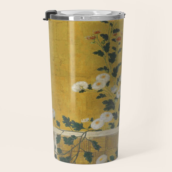 Red and White Chrysanthemums Vintage Japanese Gold Leaf Screen Travel Mug Gallery Image 3