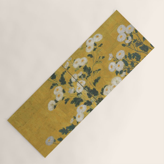 Red and White Chrysanthemums Vintage Japanese Gold Leaf Screen Yoga Mat Gallery Image 1