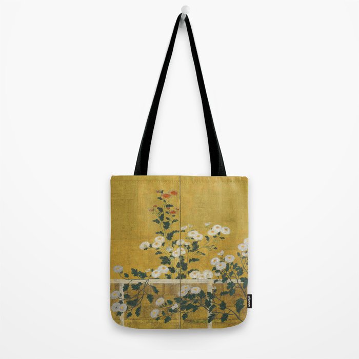 Red and White Chrysanthemums Vintage Japanese Gold Leaf Screen Tote Bag Gallery Image 2