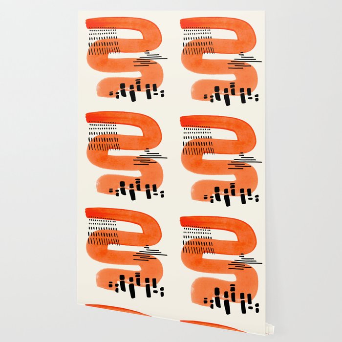 Mid Century Modern abstract Minimalist Fun Colorful Shapes Patterns Orange Watercolor Wiggle Stroke Wallpaper Gallery Image 2
