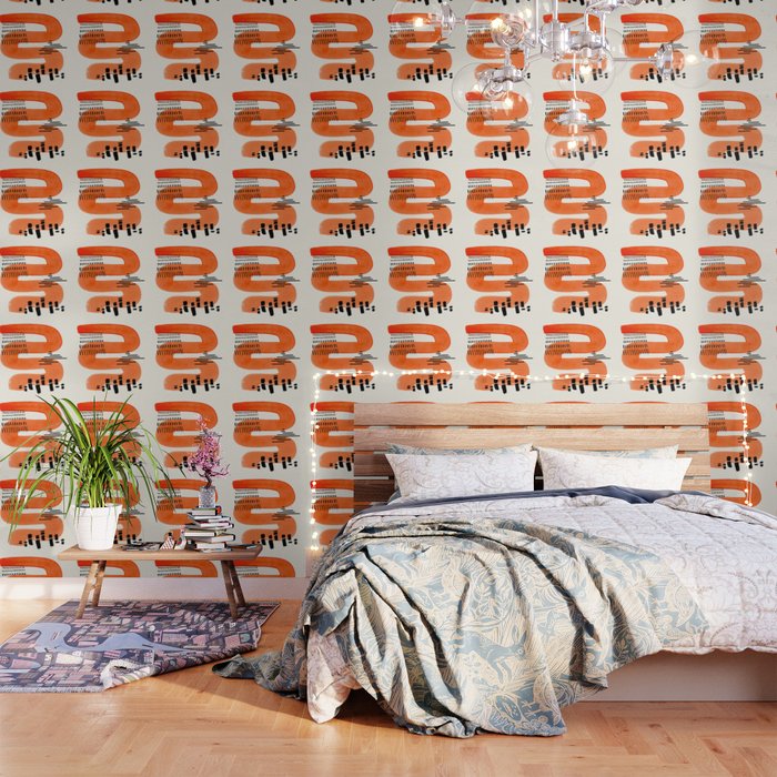 Mid Century Modern abstract Minimalist Fun Colorful Shapes Patterns Orange Watercolor Wiggle Stroke Wallpaper Gallery Image 3