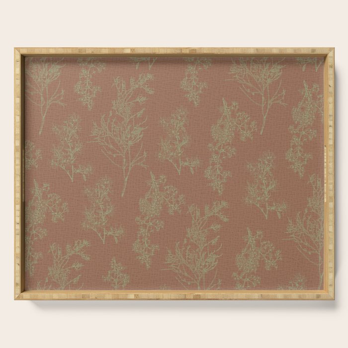 Botanical Cottage Woven Look Pattern in Mocha Brown and Sage Green Serving Tray Gallery Image 1