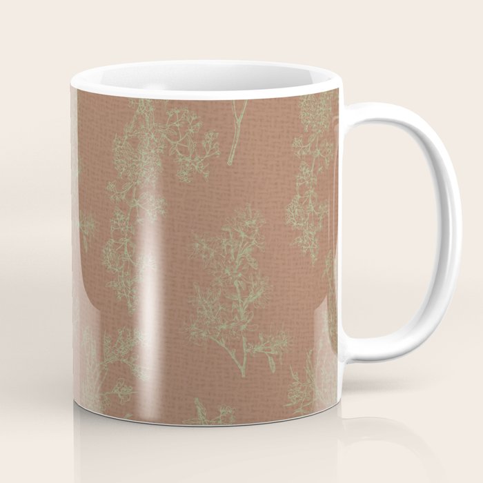 Botanical Cottage Woven Look Pattern in Mocha Brown and Sage Green Coffee Mug Gallery Image 1