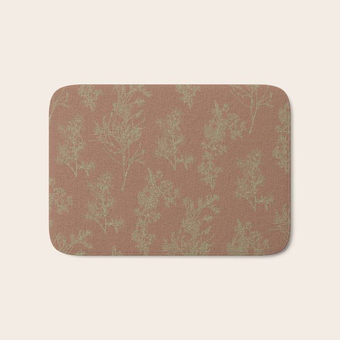 Botanical Cottage Woven Look Pattern in Mocha Brown and Sage Green Bath Mat Gallery Image 1