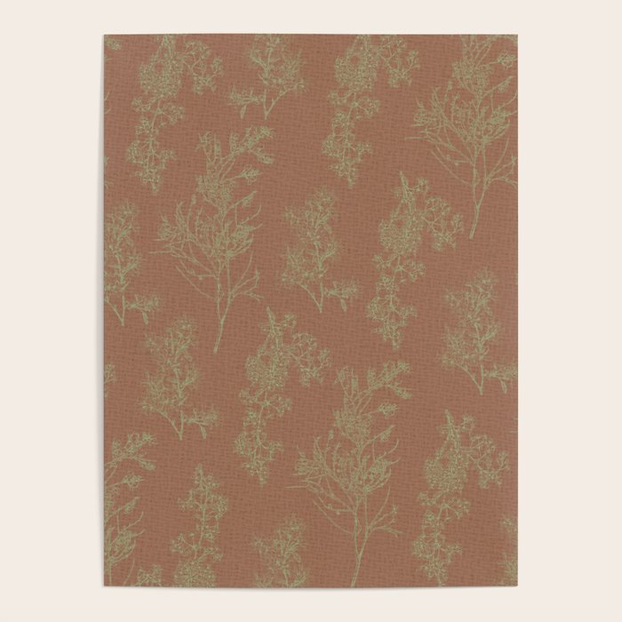 Botanical Cottage Woven Look Pattern in Mocha Brown and Sage Green Poster Gallery Image 4
