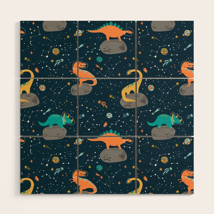 Dinosaurs Floating on an Asteroid Wood Wall Art Gallery Image 1