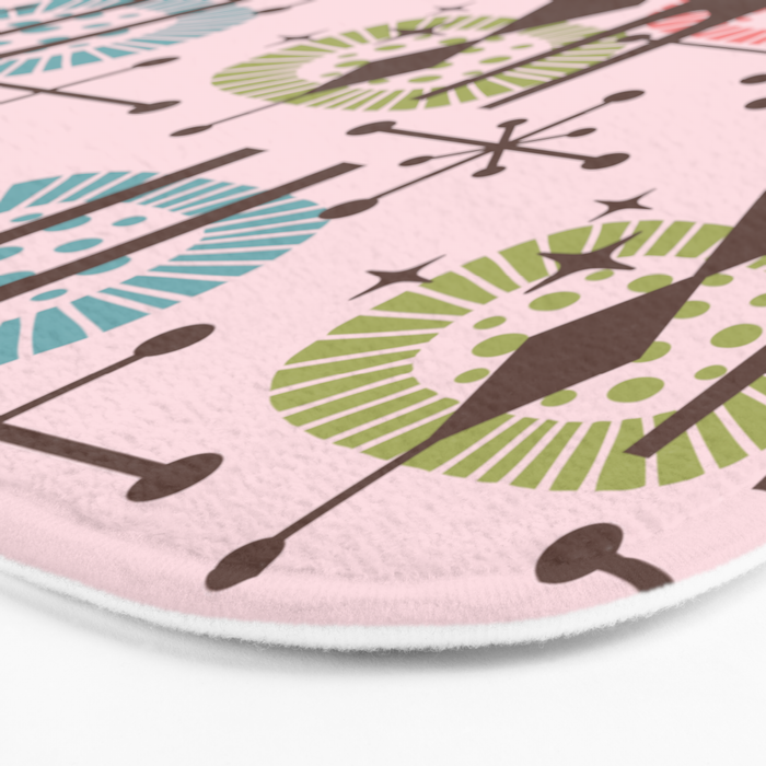 Retro Atomic Mid Century Pattern Pink Green Blue and Brown Bath Mat Gallery Image 3