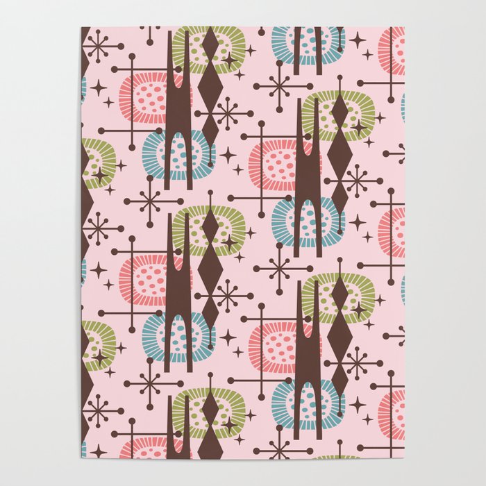 Retro Atomic Mid Century Pattern Pink Green Blue and Brown Poster Gallery Image 4