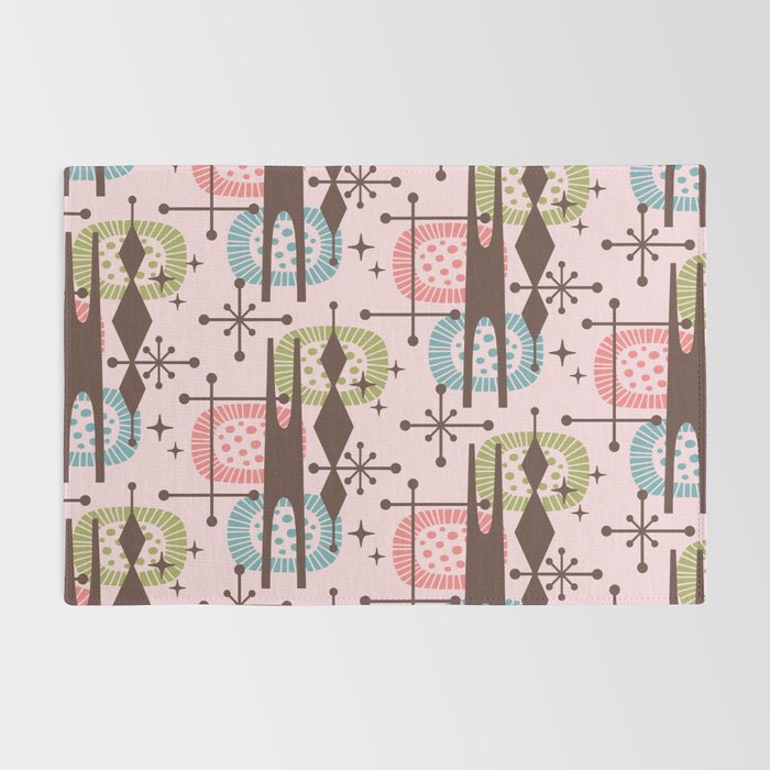 Retro Atomic Mid Century Pattern Pink Green Blue and Brown Rug Gallery Image 2