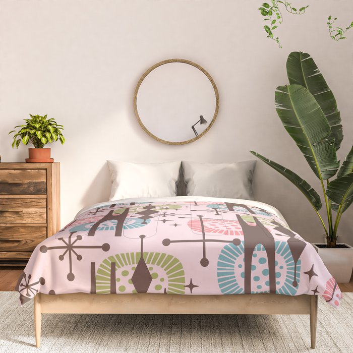 Retro Atomic Mid Century Pattern Pink Green Blue and Brown Comforter Gallery Image 3