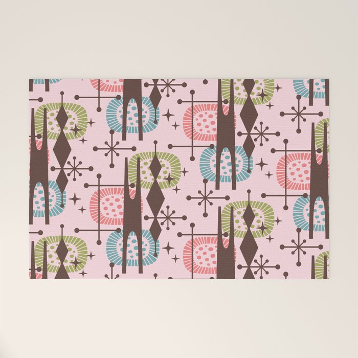 Retro Atomic Mid Century Pattern Pink Green Blue and Brown Welcome Mat Gallery Image 1