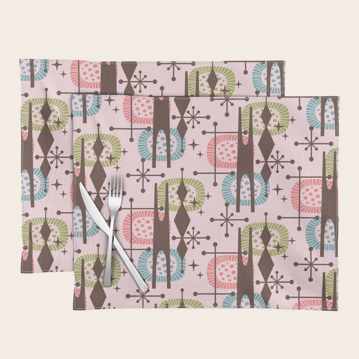 Retro Atomic Mid Century Pattern Pink Green Blue and Brown Placemat Gallery Image 1