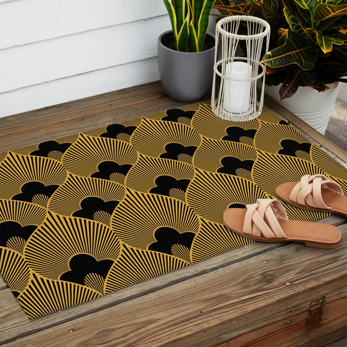Art Deco Pattern in Gold and Jet Black Outdoor Rug Gallery Image 2
