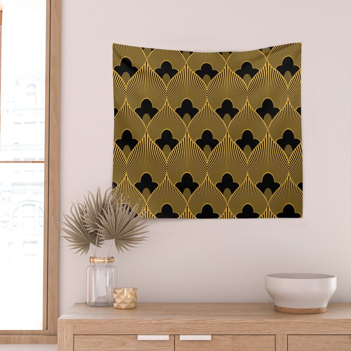 Art Deco Pattern in Gold and Jet Black Wall Tapestry Gallery Image 2