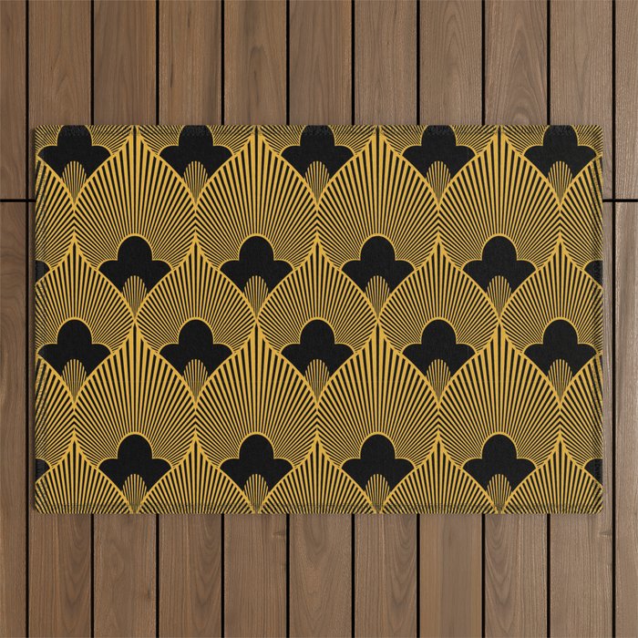 Art Deco Pattern in Gold and Jet Black Outdoor Rug Gallery Image 1