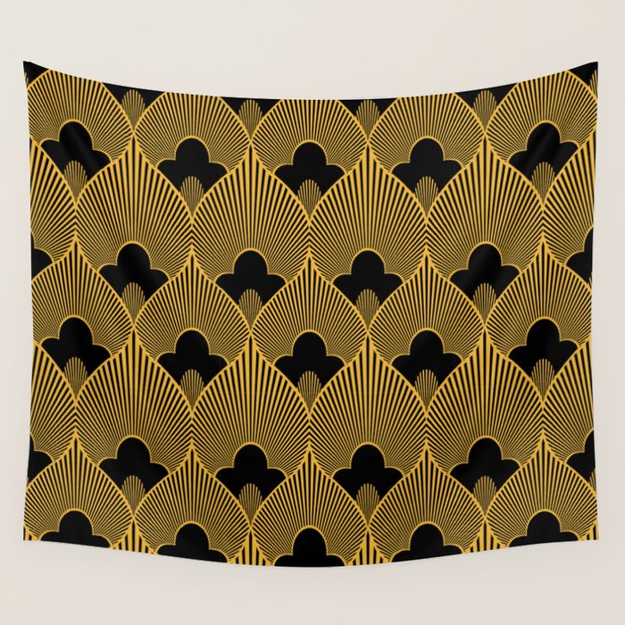Art Deco Pattern in Gold and Jet Black Wall Tapestry Gallery Image 4