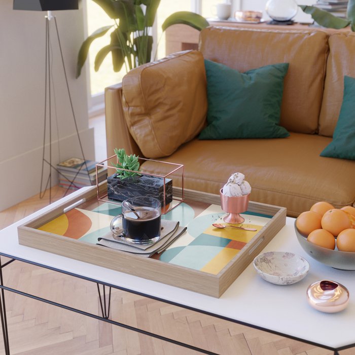 Teal Orange Yellow Light-Blue Geometric Abstract Artwork Serving Tray Gallery Image 2