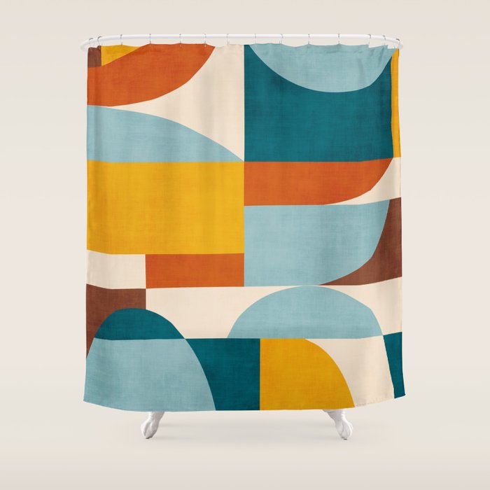 Teal Orange Yellow Light-Blue Geometric Abstract Artwork Shower Curtain Gallery Image 1