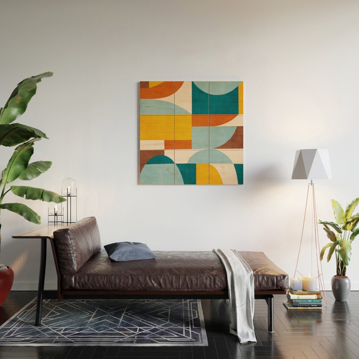 Teal Orange Yellow Light-Blue Geometric Abstract Artwork Wood Wall Art Gallery Image 2