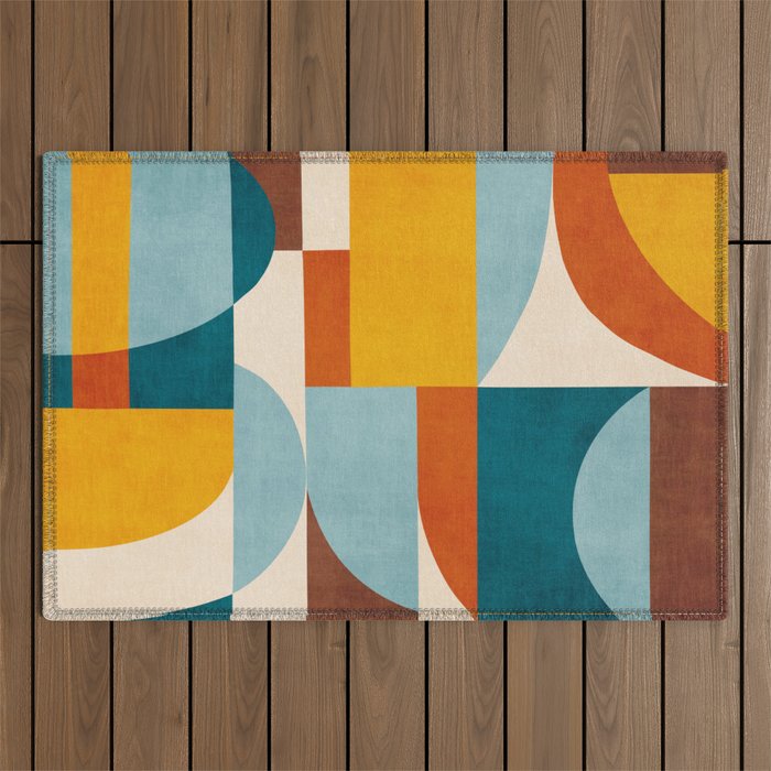 Teal Orange Yellow Light-Blue Geometric Abstract Artwork Outdoor Rug Gallery Image 1