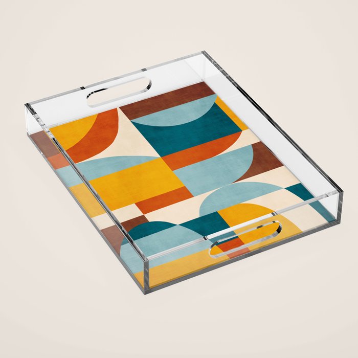 Teal Orange Yellow Light-Blue Geometric Abstract Artwork Acrylic Tray Gallery Image 1