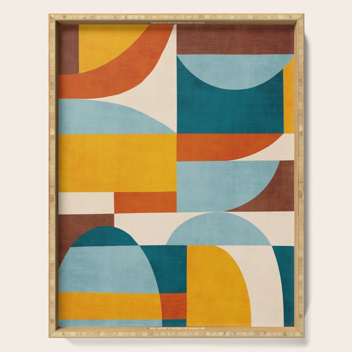 Teal Orange Yellow Light-Blue Geometric Abstract Artwork Serving Tray Gallery Image 1