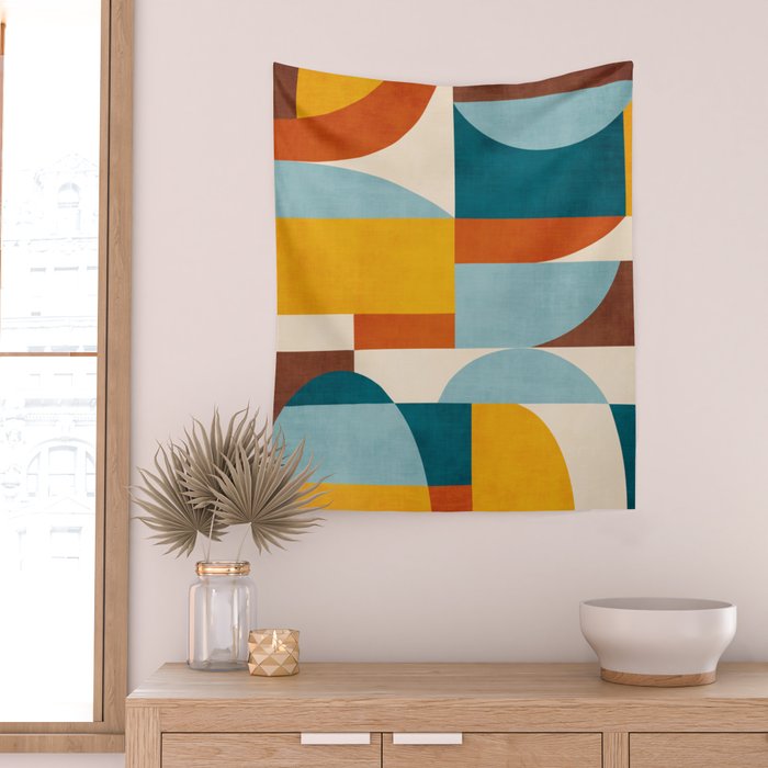 Teal Orange Yellow Light-Blue Geometric Abstract Artwork Wall Tapestry Gallery Image 2