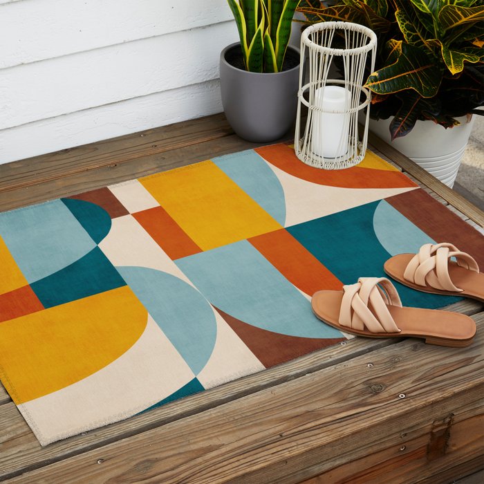 Teal Orange Yellow Light-Blue Geometric Abstract Artwork Outdoor Rug Gallery Image 2