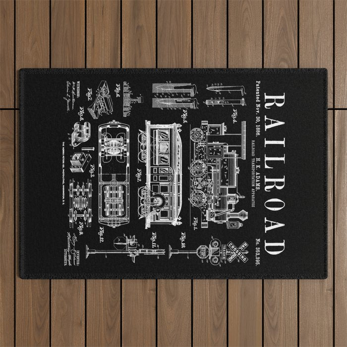 Railroad Railway Steam Locomotive Train Vintage Patent Print Outdoor Rug Gallery Image 1