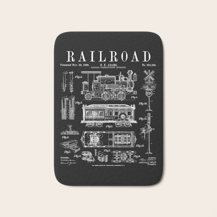 Railroad Railway Steam Locomotive Train Vintage Patent Print Bath Mat Gallery Image 1
