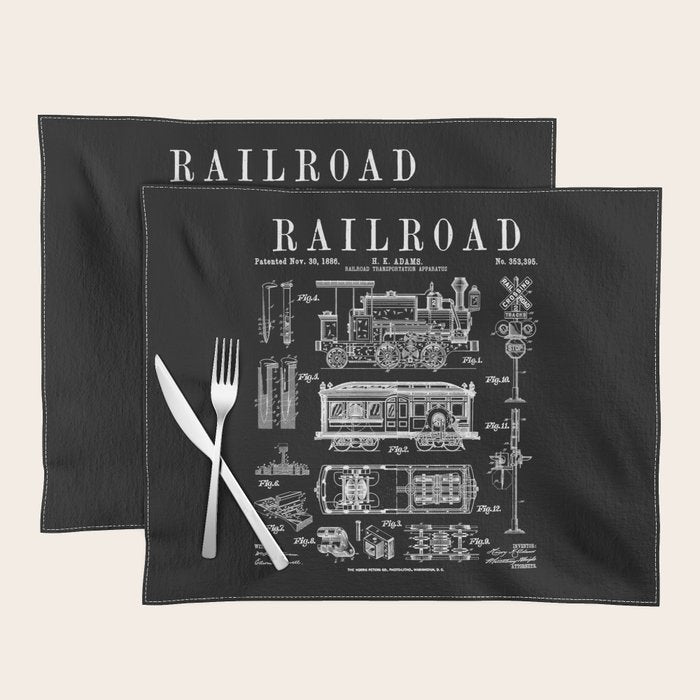 Railroad Railway Steam Locomotive Train Vintage Patent Print Placemat