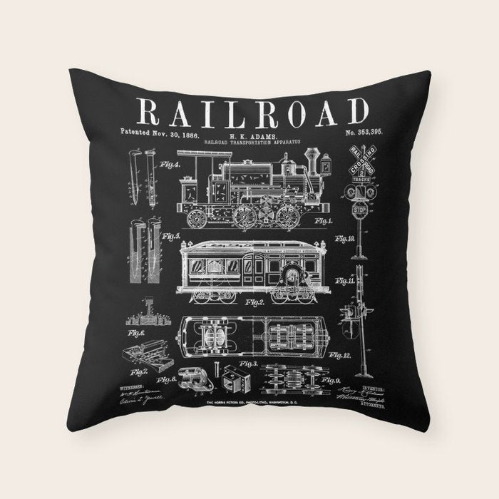 Railroad Railway Steam Locomotive Train Vintage Patent Print Throw Pillow Gallery Image 6