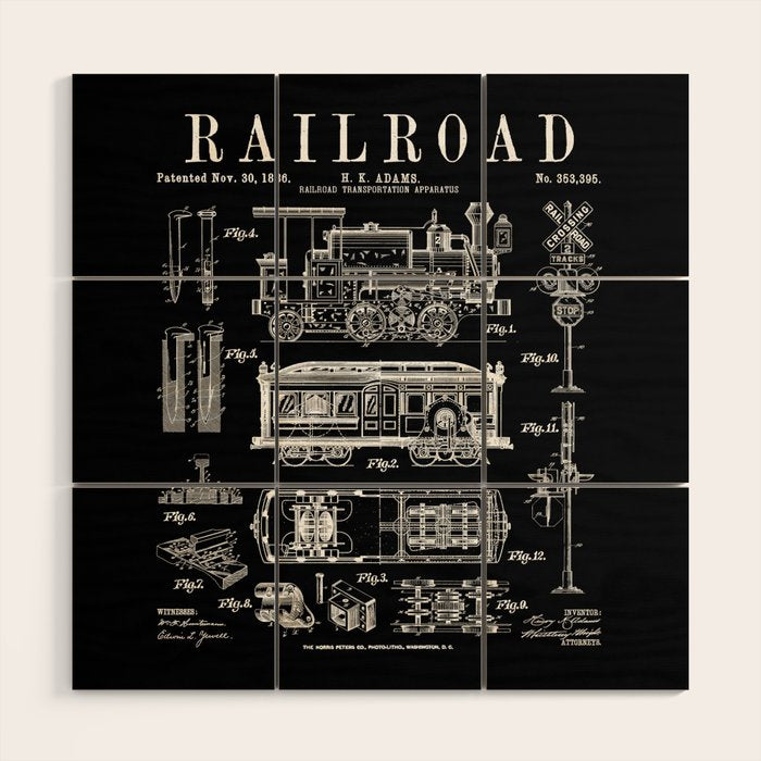 Railroad Railway Steam Locomotive Train Vintage Patent Print Wood Wall Art Gallery Image 1