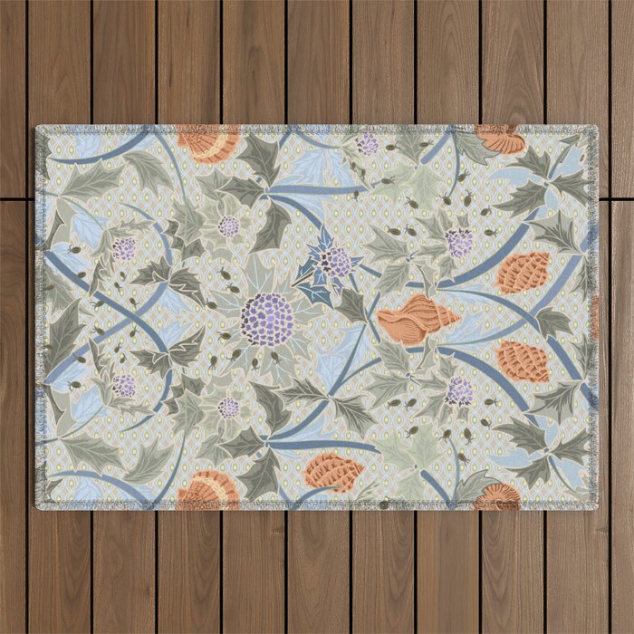 Beach thistle and shells with backgrd pattern Outdoor Rug Gallery Image 1