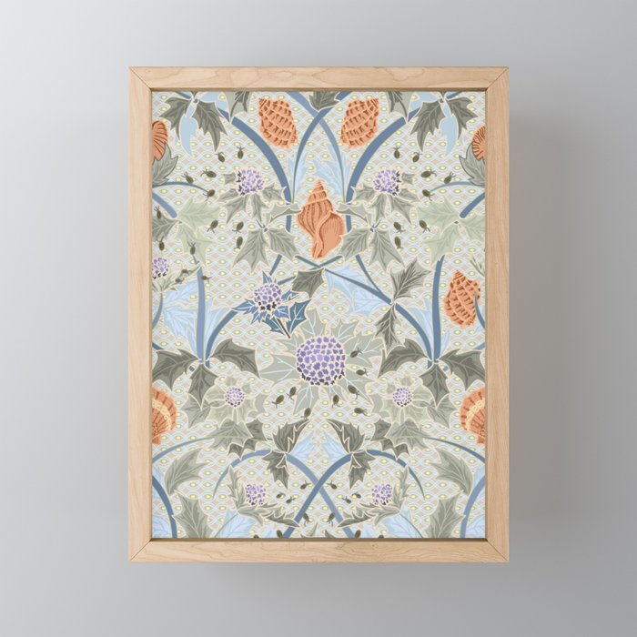 Beach thistle and shells with backgrd pattern Mini Art Print Gallery Image 1