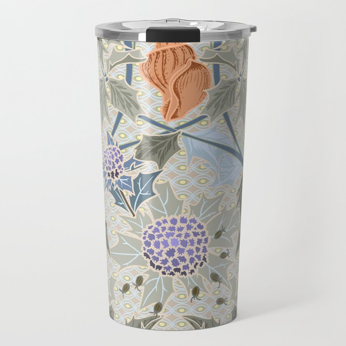 Beach thistle and shells with backgrd pattern Travel Mug Gallery Image 1