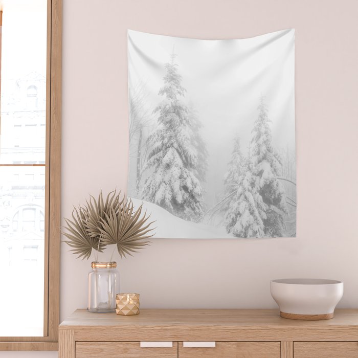 Snow Covered Winter Pine Trees Wall Tapestry Gallery Image 2