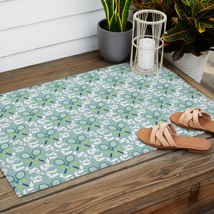 Tennis Trellis Bows in Teal Outdoor Rug Gallery Image 2