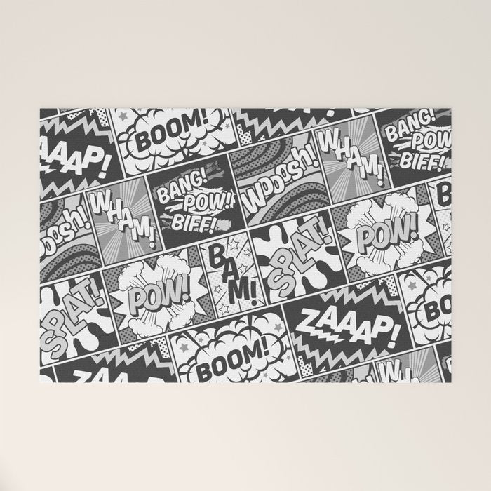 Black and White Modern Comic Book Superhero Pattern Color Colour Cartoon Lichtenstein Pop Art Welcome Mat Gallery Image 1