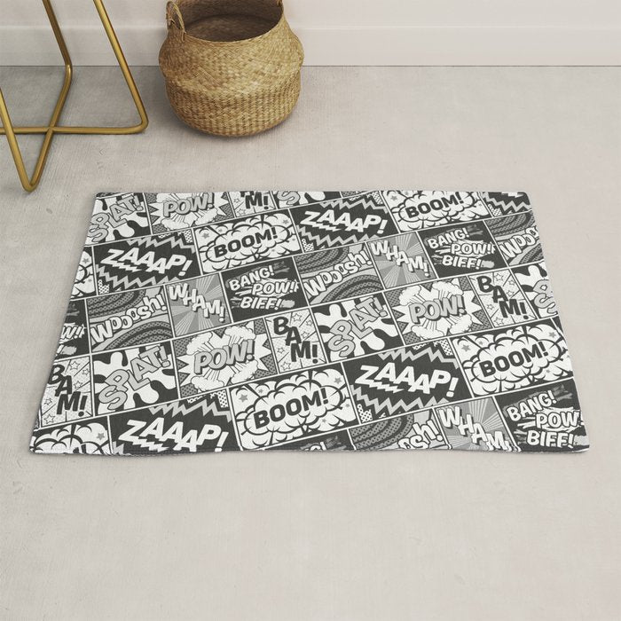Black and White Modern Comic Book Superhero Pattern Color Colour Cartoon Lichtenstein Pop Art Rug Gallery Image 1