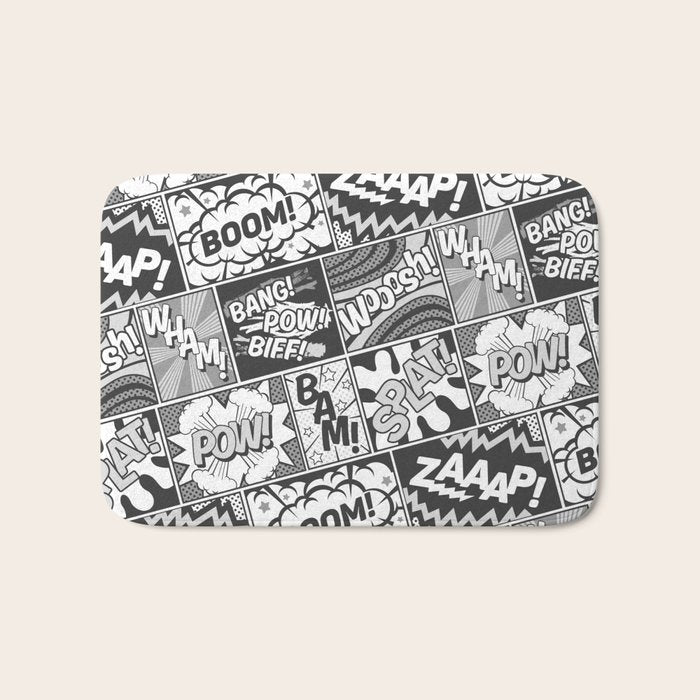 Black and White Modern Comic Book Superhero Pattern Color Colour Cartoon Lichtenstein Pop Art Bath Mat Gallery Image 1