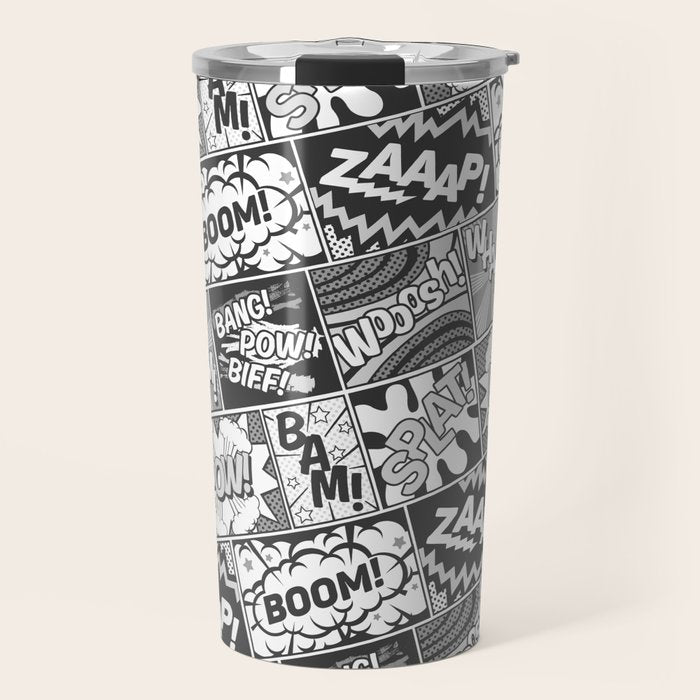 Black and White Modern Comic Book Superhero Pattern Color Colour Cartoon Lichtenstein Pop Art Travel Mug Gallery Image 1