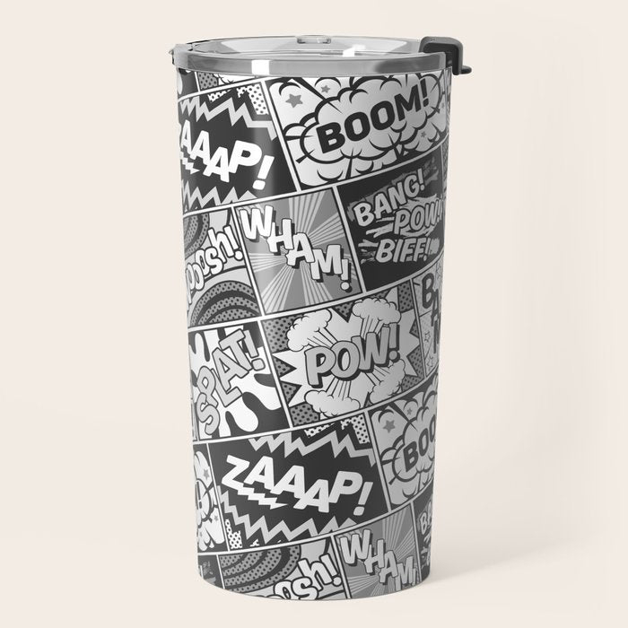 Black and White Modern Comic Book Superhero Pattern Color Colour Cartoon Lichtenstein Pop Art Travel Mug Gallery Image 2