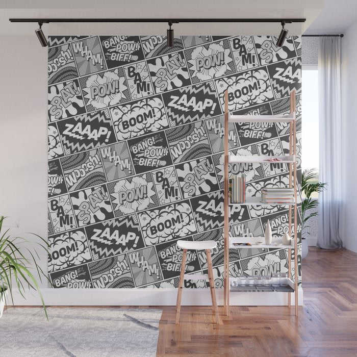 Black and White Modern Comic Book Superhero Pattern Color Colour Cartoon Lichtenstein Pop Art Wall Mural Gallery Image 1
