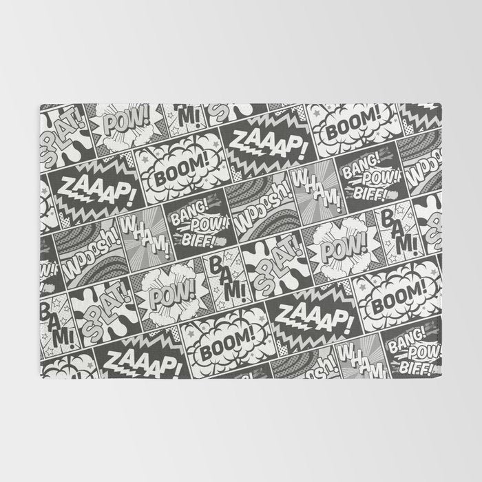 Black and White Modern Comic Book Superhero Pattern Color Colour Cartoon Lichtenstein Pop Art Rug Gallery Image 2