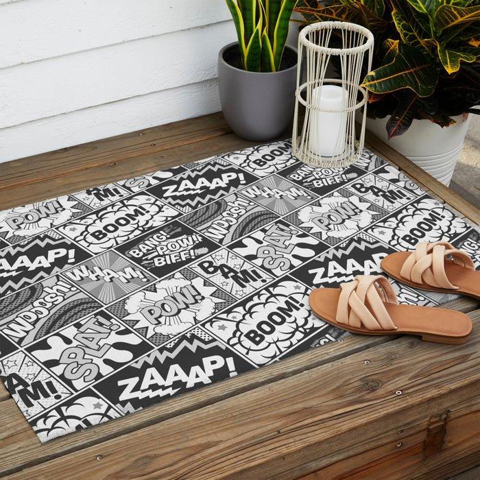 Black and White Modern Comic Book Superhero Pattern Color Colour Cartoon Lichtenstein Pop Art Outdoor Rug Gallery Image 2
