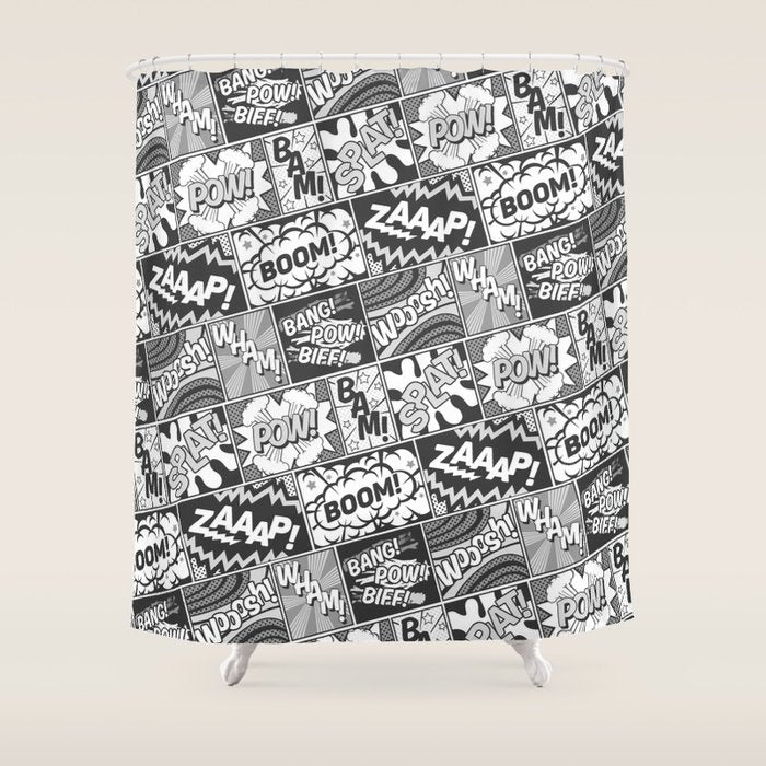 Black and White Modern Comic Book Superhero Pattern Color Colour Cartoon Lichtenstein Pop Art Shower Curtain Gallery Image 1